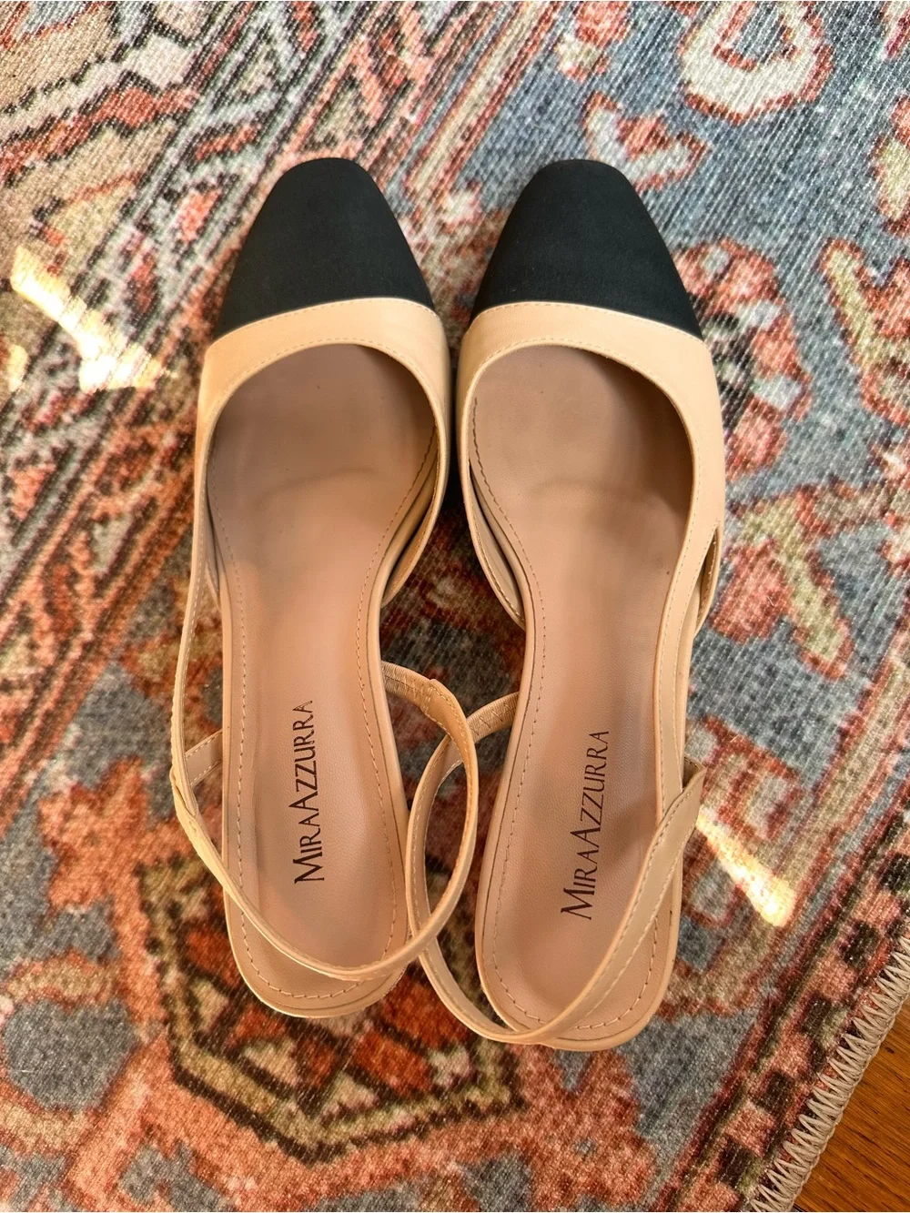 Mira Azzurra Size 9 Nude Black Cap Toe Slingback Block Heel Pumps